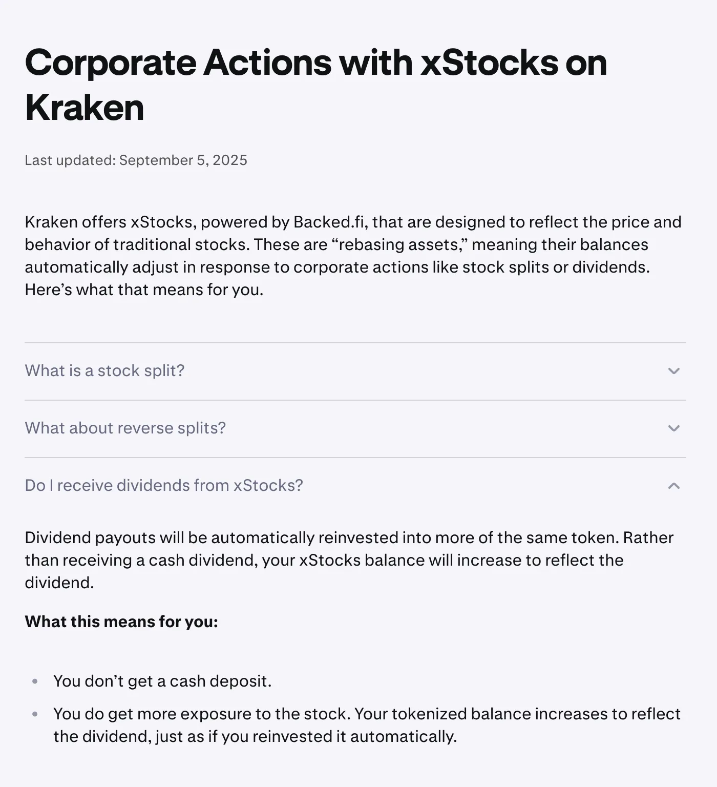 Kraken 帮助中心关于 xStocks 公司行动和分红处理的页面截图