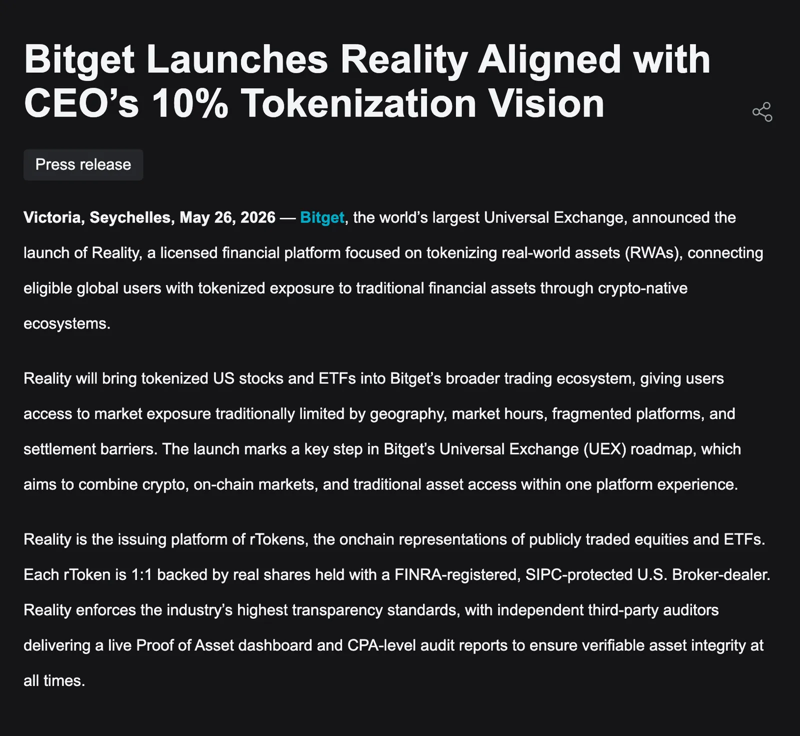 Bitget 宣布推出 Reality 平台的新闻稿截图