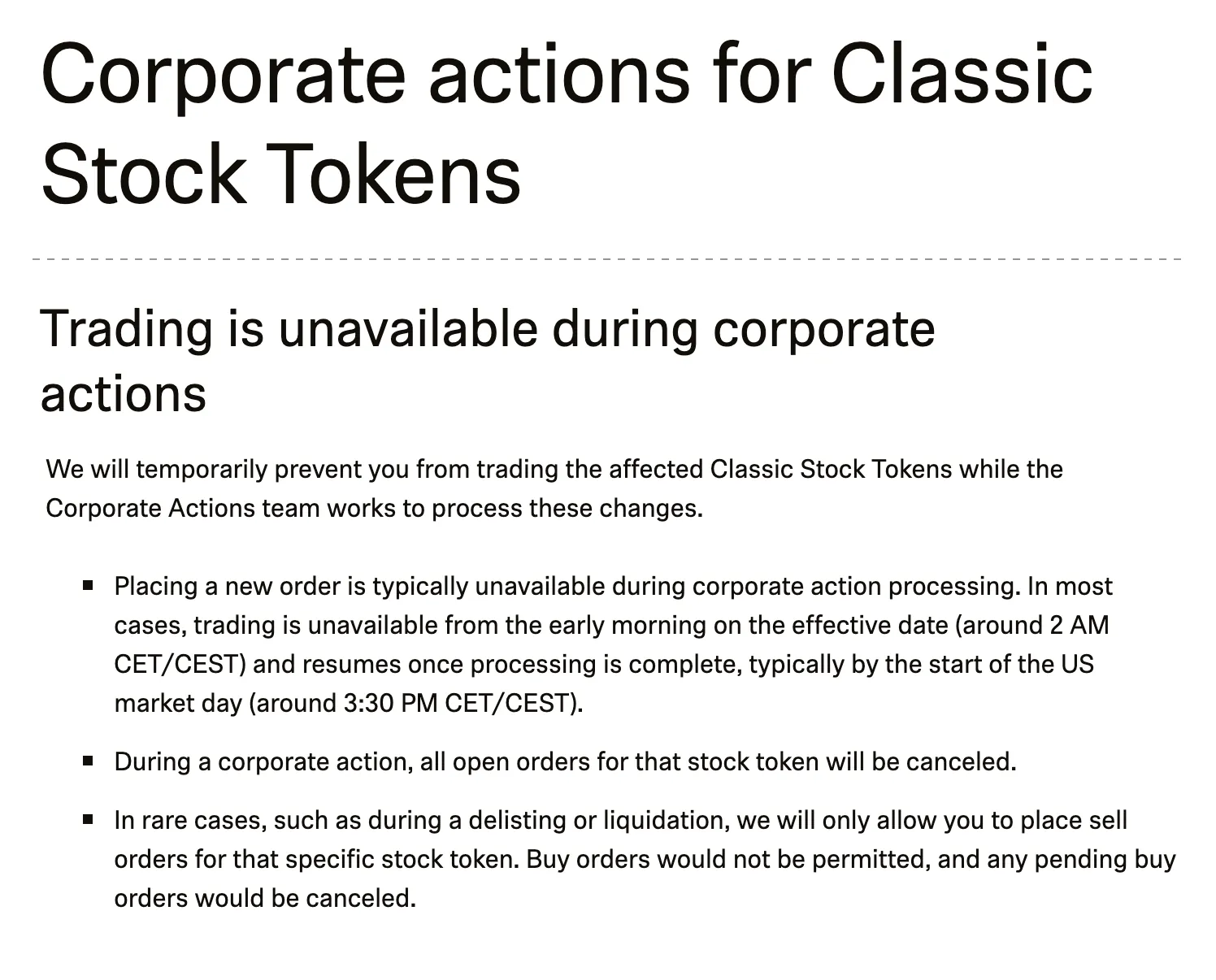 Robinhood 欧盟帮助中心关于股票代币公司行动期间暂停交易的说明截图