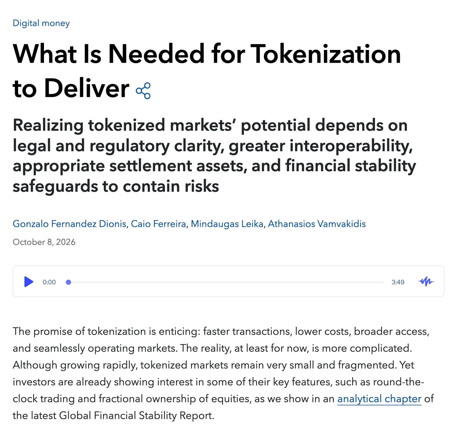 国际货币基金组织博客文章《What Is Needed for Tokenization to Deliver》开头截图